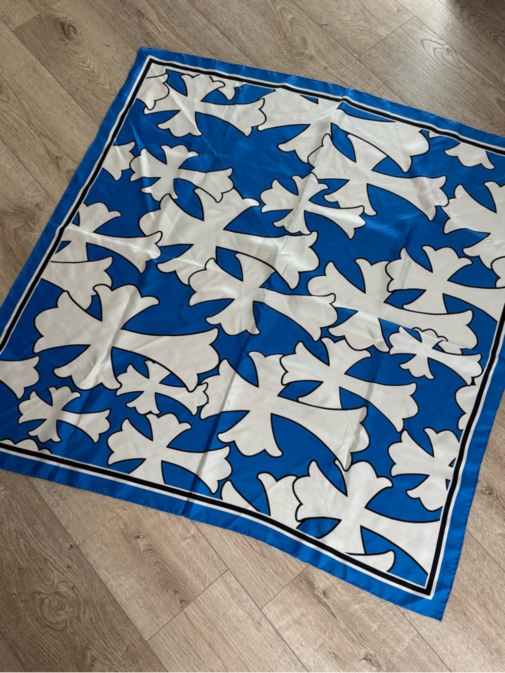 Chrome Hearts Blue and White Silk Graphic Scarf 100%authentic